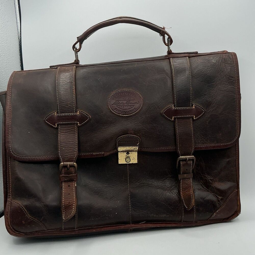 Vintage Eddie Bauer Leather Briefcase Messenger Bag Made In Canada Brown